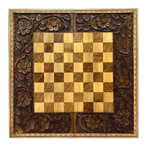 Chess & Backgammon in 40 cm Carved Walnut – Miniature Persian Game Board