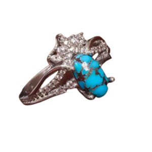 Crown-Style Shajari Turquoise Ring – Rhodium Silver, Certified Nishapur Gem
