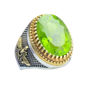 Faravahar-Engraved Ring with Natural Peridot – Silver, African Gem, 17g