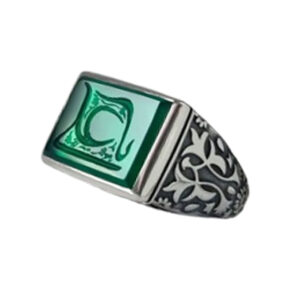 Green Agate Calligraphy Ring with Ya Ali Adjustable, Silver Frame