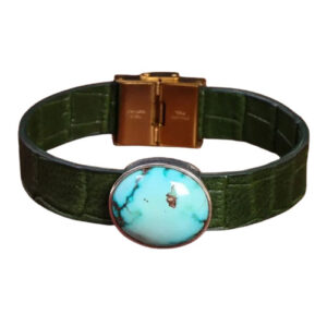Green Leather Bracelet with Large Shajary Real Turquoise with Certified