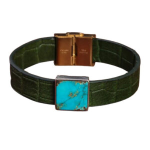 Green Leather Bracelet with Natural Turquoise & Silver for Men & Women