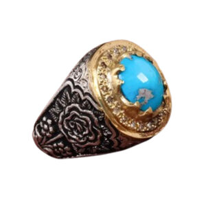 Hand Engraved Silver Ring Turquoise – Ghalam-Zani Frame, 20 Diamonds