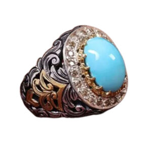 Hand-Engraved Turquoise Silver Ring – Oval Shaped with 20 Diamonds