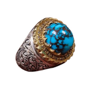 Handcrafted Ghalam-Zani Frame Turquoise Silver Ring with 25 Diamonds