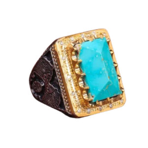 Handcrafted Men's Pure Turquoise Ring with Moissanite & Tulip Motif