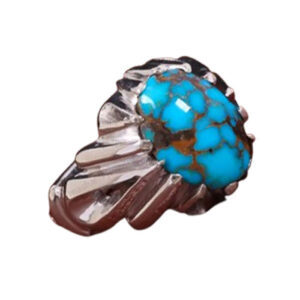 Handcrafted Men's Ring with Natural Nishapur Turquoise & Silver Rhodium Finish