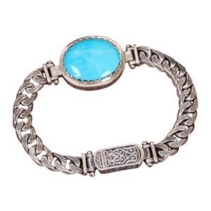 Handmade Men’s Bracelet – Pure Aghami Nishabur Turquoise in Engraved Silver