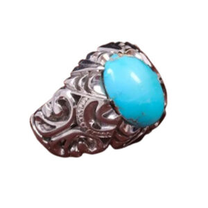 Handmade Men’s Ring with Ajami Feroza – Pure Blue Stone, Rhodium Silver