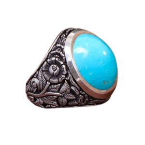 Handmade Men’s Ring with Ajami Turquoise – Leaf & Floral Engraved (Ghalamzani)