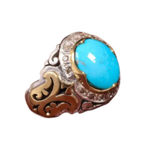Luxury Persian Ajami Turquoise Ring with 14 Diamonds, Handmade Silver