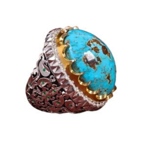 Luxury Persian Feroza Ring with 66 Diamonds & Emeralds, Crafted Silver