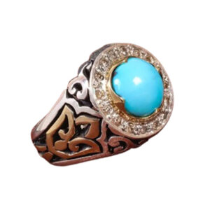Luxury Persian Feroza Ring with Natural 16 Diamonds Inlay, 17.41g