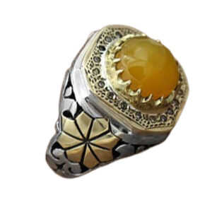 Luxury Sharf al-Shams (Yellow Agate) Ring with 20 Diamonds, Silver Crown