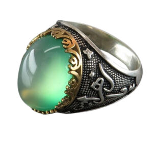 Men's Green Agate Ring – Silver & Brass Crown, “Ali & Ya Zahra” Calligraphy