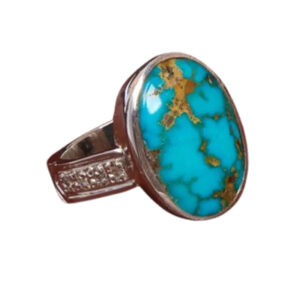 Men’s Real Turquoise Ring – Golden Veins & Diamond Accents in Rhodium Silver