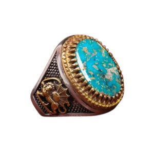Men’s Ring with Persian Lion & Sun (Shiro Khorshid) with Shajari Turquoise