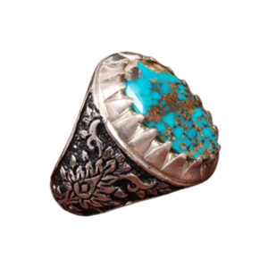 Men’s Silver Ring with Shajri Turquoise – Machine-Crafted, Nishapur Blue Gemstone