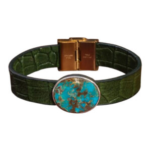 Nishabur Turquoise Bracelet – 24mm Gemstone in Green Leather & Silver Frame
