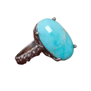 Oval Firuzeh Ring for Women – Nishapur Ajami Gem, Rhodium-Coated Silver