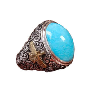 Persian Turquoise Ring for Men – Faravahar Symbol, Ghalam Zani Engraving
