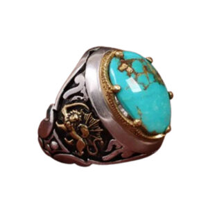 Real Shajari Turquoise Ring with Lion & Sun Engraving, 925 Silver, Certified