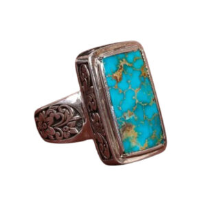Rectangular Shajari Turquoise Ring for Men – Hand-Engraved Silver, Persian Craft