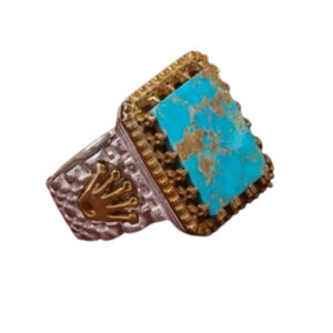 Rectangular Turquoise Ring with Crown Motif, Silver, 14.40g