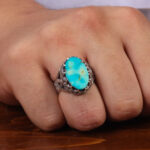 Religious Turquoise Ring for Men – Ya Ali Design, Natural Stone, Silver Band - Image 2