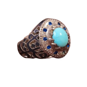 Religious Turquoise Ring for Men – Ya Roghayeh Motif, Sapphire-Inspired Accents