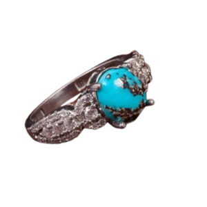 Round Shajari Feroza Ring – Rhodium Silver, Certified Persian Gem for Women