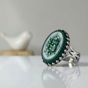 Spiritual Dark Green Agate Ring with Ya Ali Madad Carved, Silver Frame
