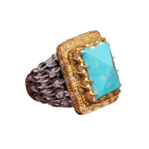 Turquoise Ring for Men – 925 Silver, Rhodium Finish & Moissanite Accents