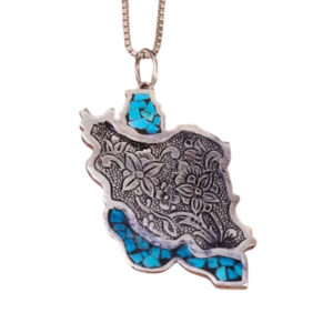 Unisex Iran Map Pendant with Real Turquoise & Traditional Engraving