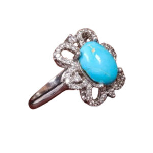 Women's Rhodium Silver Ring with 9×6 mm Shajari Turquoise, Certified