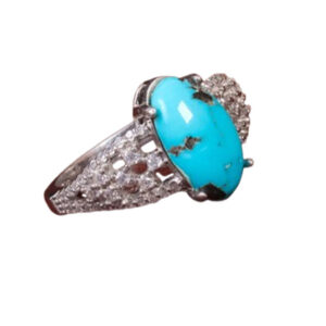 Women's Ring with 12×7 mm Shajari Turquoise (Feroza) with Rhodium Silver