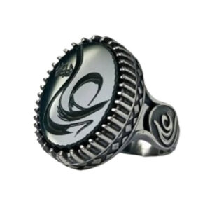 Ya Ali Calligraphy Ring Engraved – Dark Green Agate, Silver Frame