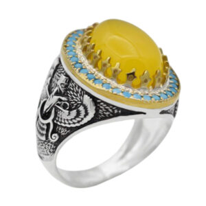 Yellow Agate (Sharf al-Shams) Ring – Farvahar Design with Blue Accents