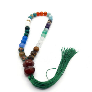 33-Bead Chakra Prayer Tasbih – Multicolor Gemstones, White Tassel Accent