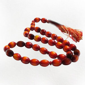 33-Bead Dark Red Amber Tasbih – Oval Beads, Powdery Finish