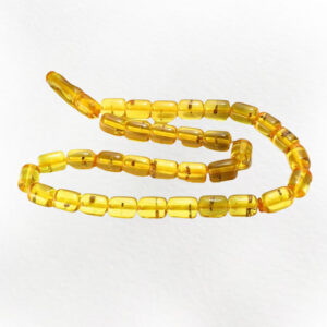 33-Bead Yellow Amber Prayer Bead with Insect Fossil, Powdery Finish
