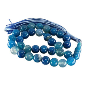 Blue Agate (Aqeeq) Prayer Tasbih – 33 Round Beads, 19cm, Certified