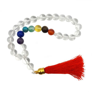 Clear Quartz & Chakra Tasbih – 33 Beads, Red Tassel, Genuine Stones