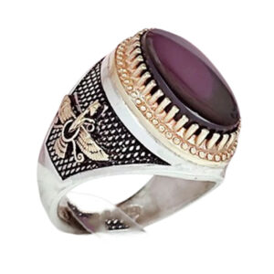 Dark Red Agate Silver Ring with Farvahar Design, 13.7g Weight