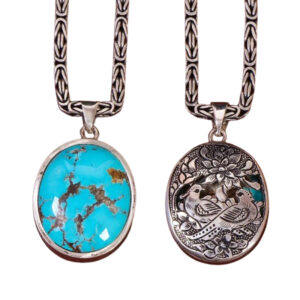 Double-Sided Persian Turquoise Necklace – Handmade Silver Engraved Frame
