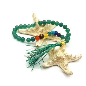 Green Agate & Chakra Tasbih – 33 Beads, Green Tassel, Genuine Stones