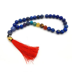 Lapis Lazuli & Chakra Tasbih – 33 Beads, Red Tassel, Genuine Stones