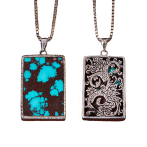 Rectangular Feroza Turquoise Necklace – Handmade Silver, Dual-Sided