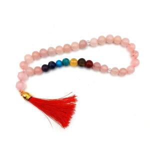 Rose Quartz & Chakra Tasbih – 33 Beads, Red Tassel, Authentic Stones