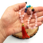 Rose Quartz & Chakra Prayer Tasbih – 33 Beads, Red Tassel, Authentic Stones - الصورة 2